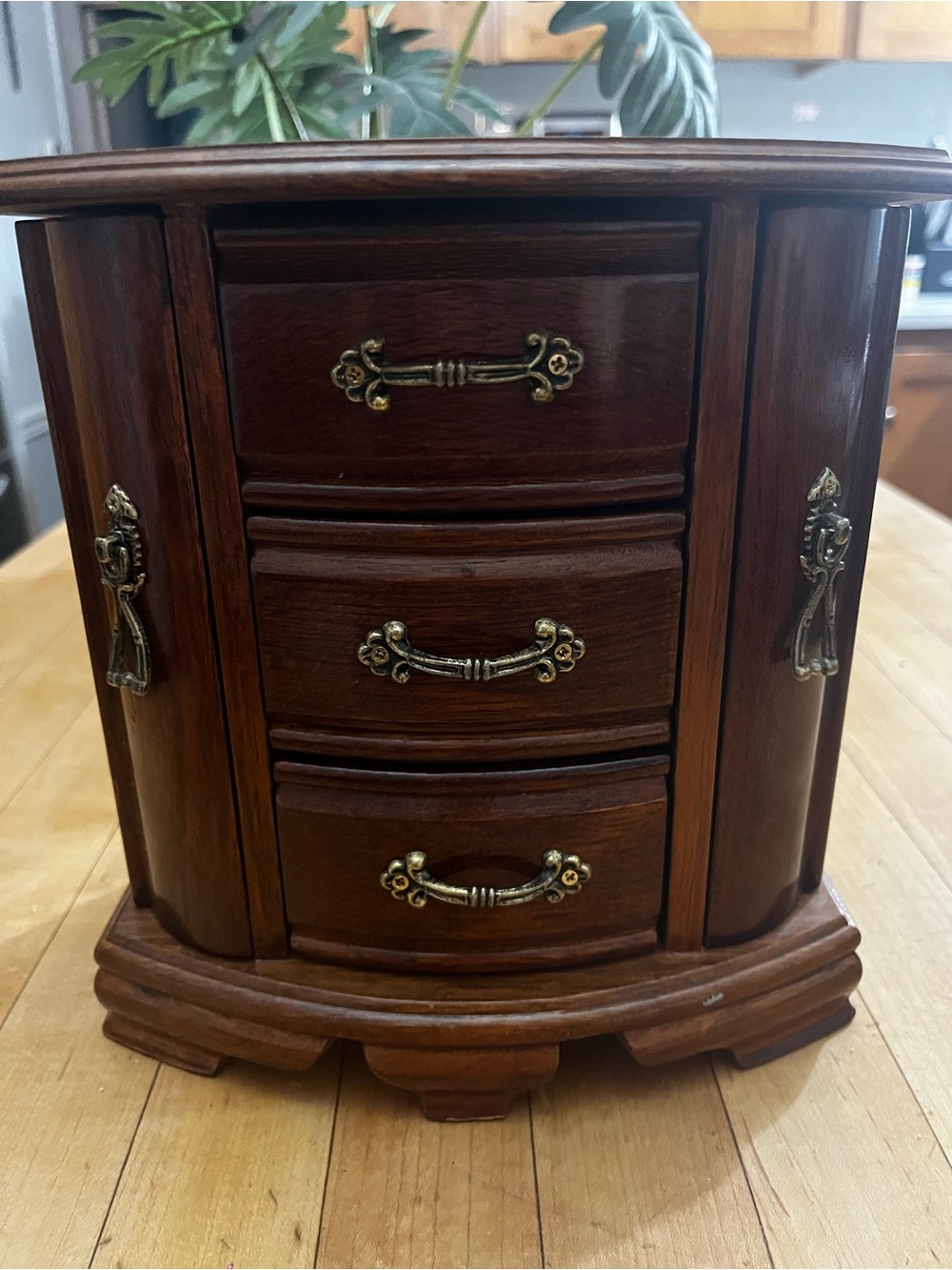 Vintage Melé & CO Style Wooden Jewelry Box Chest Armoire Walnut Finish 3 Drawers